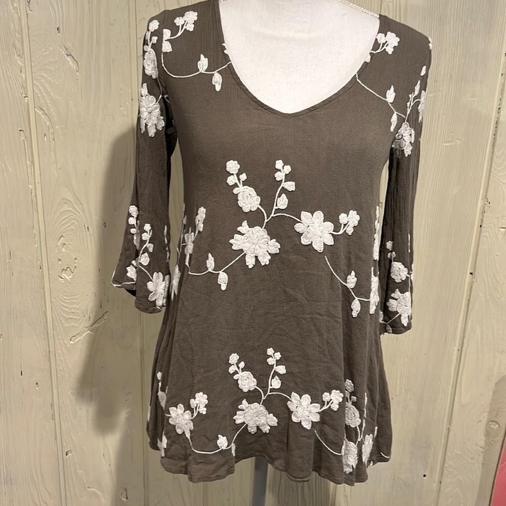 Honey PUNCH GREEN Embroidered Flowers Mini Dress or Tunic Size small